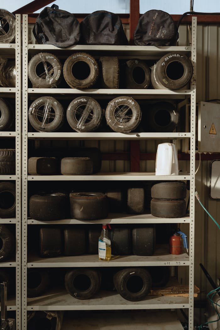 Warehouse shelves stocked with various types of racing tires and equipment.